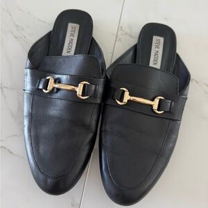 Steve Madden Black Leather Slip-On Mules with Gold Hardware
